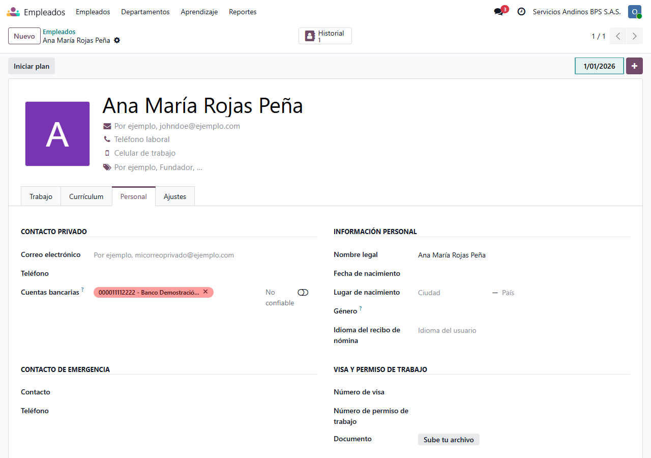 Pestaña Personal de la ficha, donde se insertan los campos colombianos